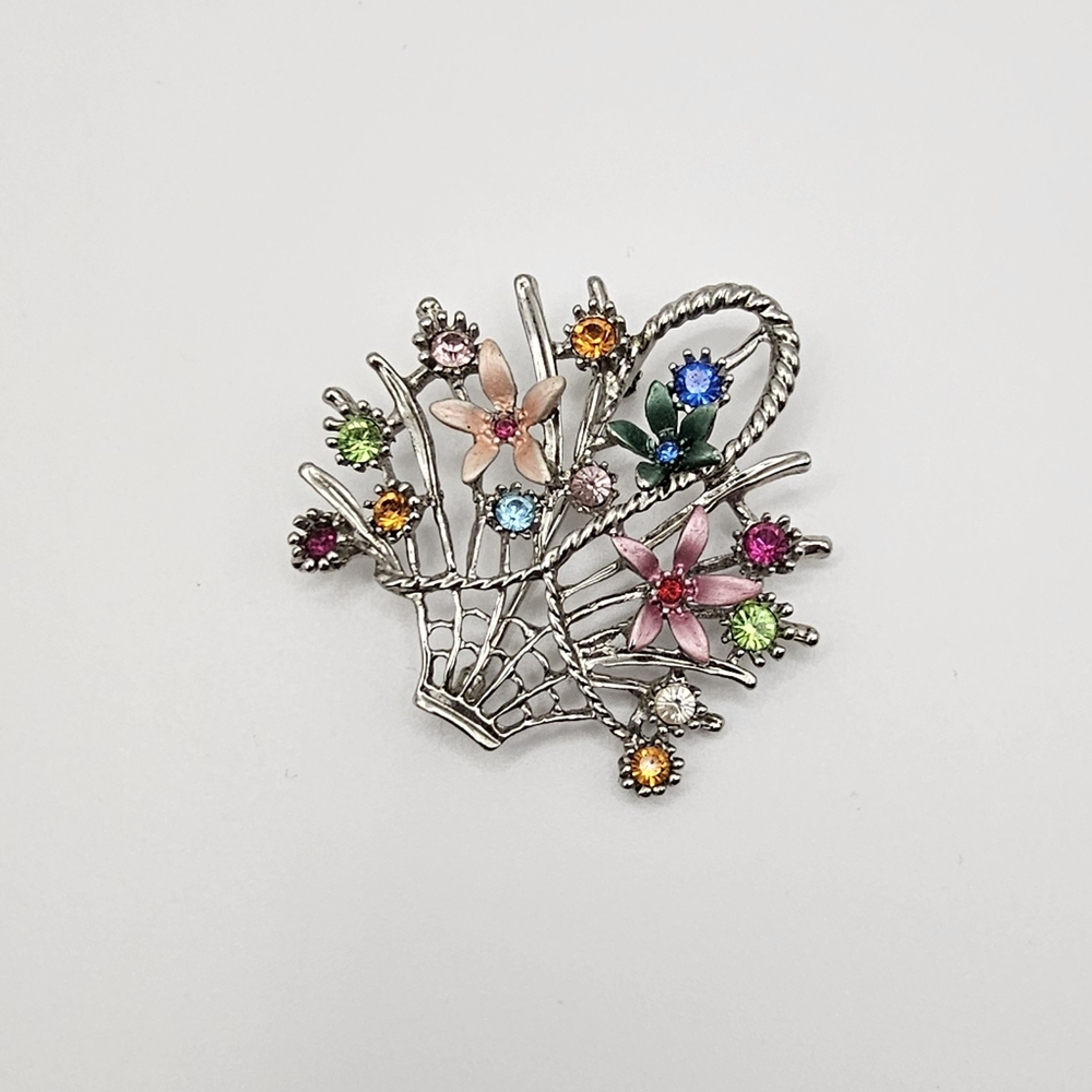 Vintage Art Nouveau Floral Basket Rhinestone Brooch